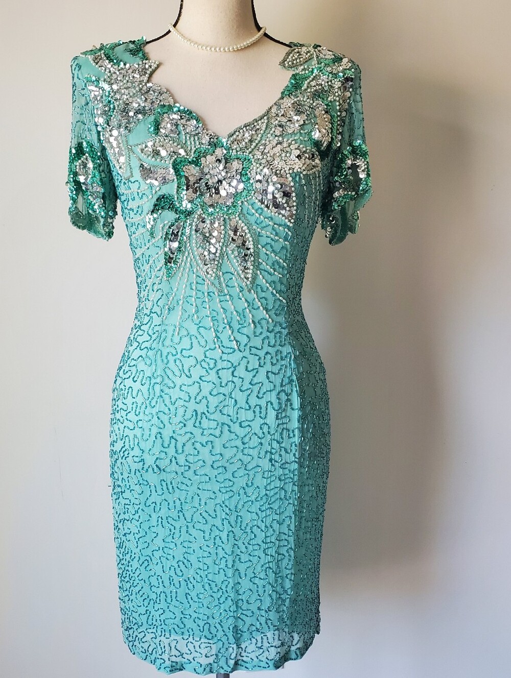 Vintage Niteline Turquoise Silver Sequin Beaded Cocktail Sheath Midi Dress Sz 4